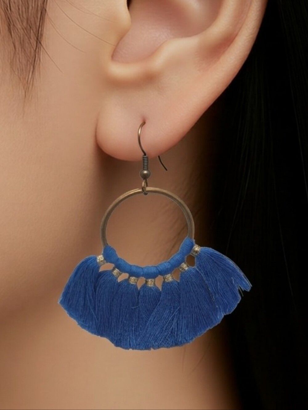 Blue Fringe Tassel Hoop Earrings Boho Tribal Festival Statement Jewelry Dangles
